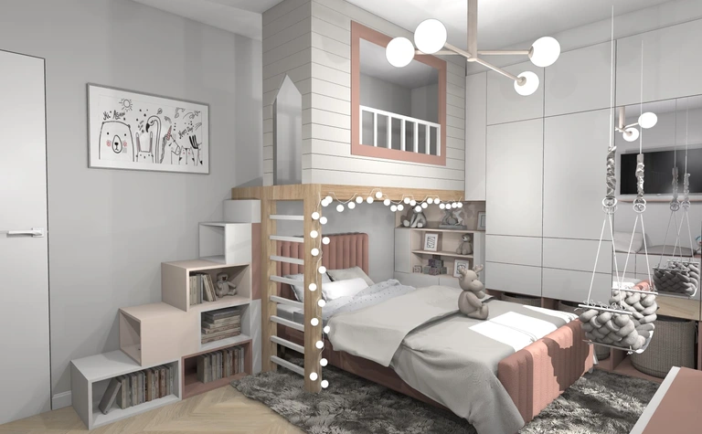 Pokój dziecięcy z łóżkiem, regałem i dekoracjami w stylu dopamine decor, industrialnym, nowoczesnym, współczesnym.