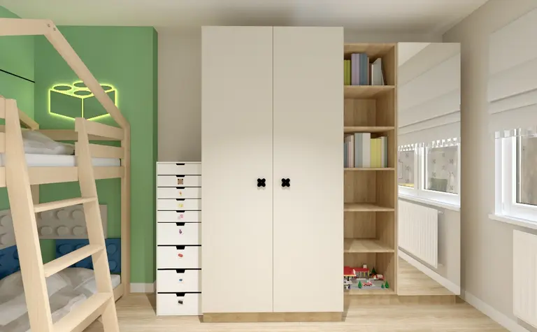 Pokój dla dzieci z łóżkiem piętrowym, białą szafą i zieloną ścianą, nowoczesny design.