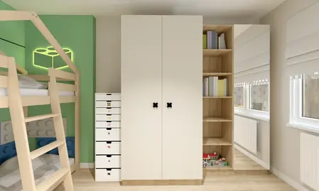 Pokój dla dzieci z łóżkiem piętrowym, białą szafą i zieloną ścianą, nowoczesny design.