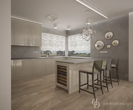 Wnętrze kuchni w stylu glamour, nowoczesnym i quiet luxury z beżowymi meblami.