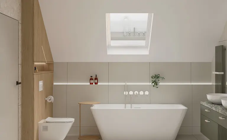 Nowoczesna łazienka z wanną, drewnem i minimalistycznym designem japandi.