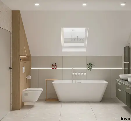 Nowoczesna łazienka z wanną, drewnem i minimalistycznym designem japandi.
