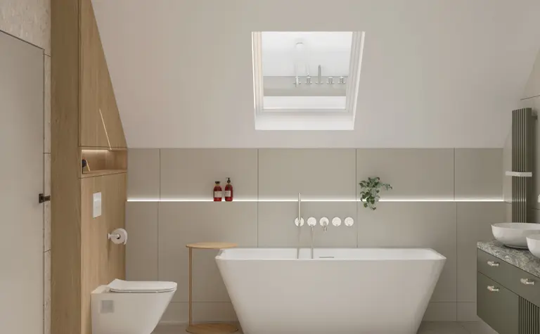Nowoczesna łazienka z wanną, drewnem i minimalistycznym designem japandi.