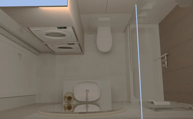 Wnętrze łazienki z białymi meblami i szarymi detalami, soft minimalizm, współczesny.