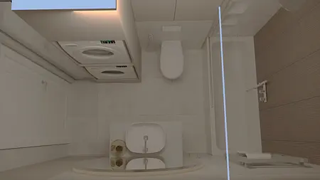 Wnętrze łazienki z białymi meblami i szarymi detalami, soft minimalizm, współczesny.