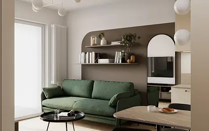 Wnętrze salonu minimalistycznego z zieloną sofą i drewnianymi akcentami.