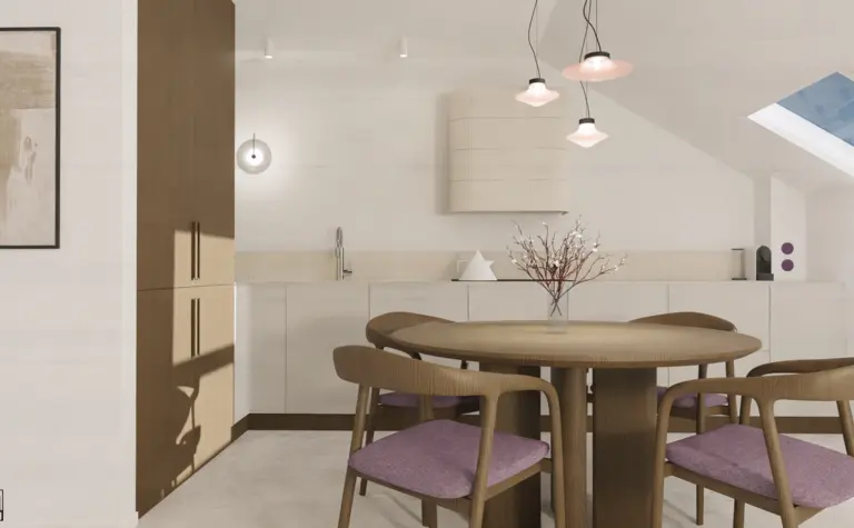 Kuchnia w stylu minimalistycznym z drewnianymi meblami, eklektycznymi dodatkami i glamour oświetleniem.