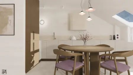 Kuchnia w stylu minimalistycznym z drewnianymi meblami, eklektycznymi dodatkami i glamour oświetleniem.