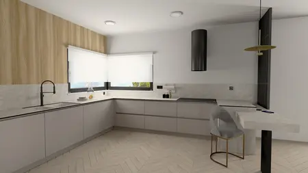 Wnętrze kuchni w stylu boho i nowoczesnym z drewnianymi elementami.