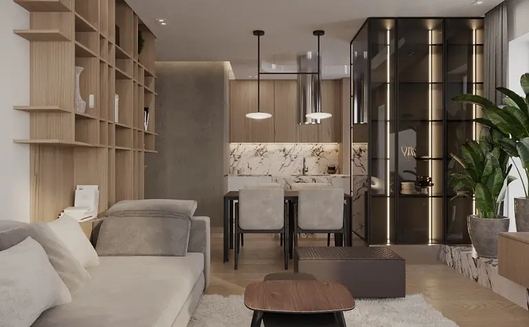 Nowoczesne wnętrze salonu w stylu glamour z minimalistycznym wyposażeniem.