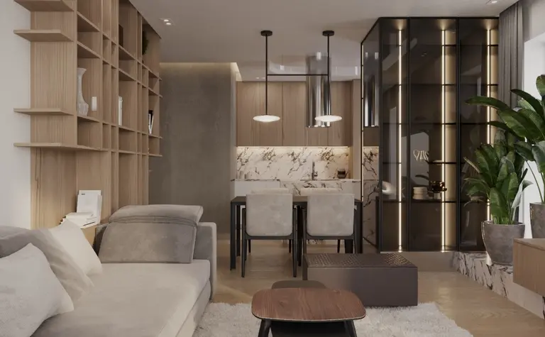 Nowoczesne wnętrze salonu w stylu glamour z minimalistycznym wyposażeniem.