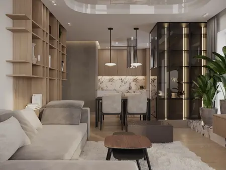 Nowoczesne wnętrze salonu w stylu glamour z minimalistycznym wyposażeniem.