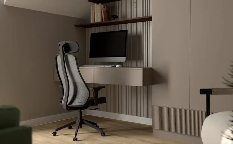 Nowoczesne biuro z ergonomiczny fotelem i komputerem
