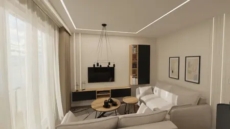 Wnętrze salonu z minimalistycznym wystrojem, nowoczesnymi meblami oraz jasnymi akcentami.