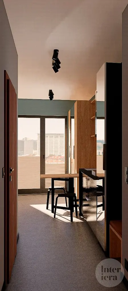 Wnętrze kuchni z minimalistycznym designem, nowoczesnymi meblami i współczesnymi detalami.