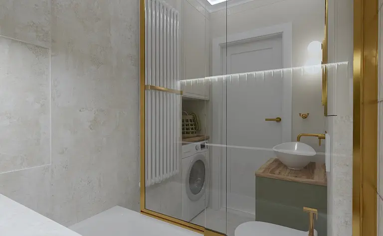 Wnętrze łazienki z elementami boho, rustykalnymi i glamour, nowoczesna umywalka.