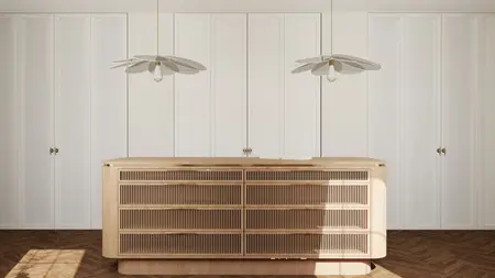 Wnętrze z meblem z drewna, białymi ścianami, styl art deco, eklektyczny, soft minimalizm.
