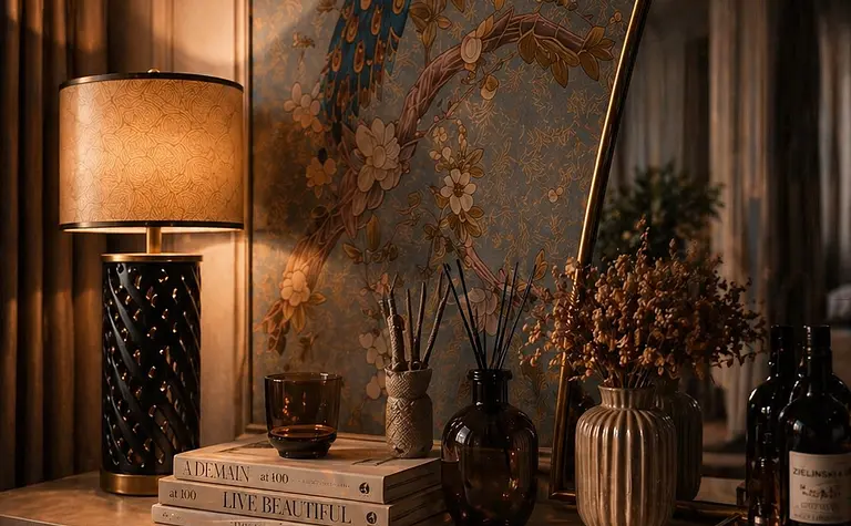 Stylowe wnętrze z lampą, książkami i dekoracjami glamour, nowoczesnym i quiet luxury.