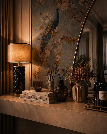 Stylowe wnętrze z lampą, książkami i dekoracjami glamour, nowoczesnym i quiet luxury.