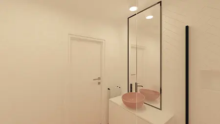 Wnętrze łazienki z minimalistycznym designem, białymi ścianami i różowymi detalami.