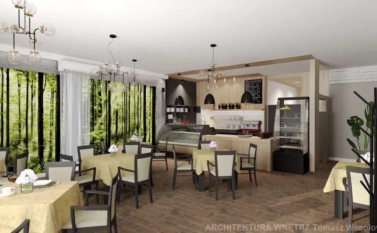 Wnętrze restauracji z drewnianymi stołami, zielonymi dekoracjami i nowoczesnym oświetleniem.