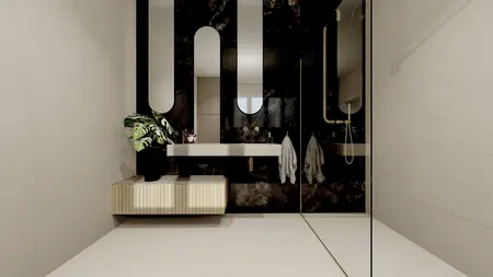 Nowoczesna łazienka z czarną, błyszczącą ścianą i wysokim, designerskim lustrem. Wisząca szafka w jasnym drewnie, roślina w doniczce oraz prysznic z metalicznymi dodatkami tworzą eleganckie i minimalistyczne wnętrze.
