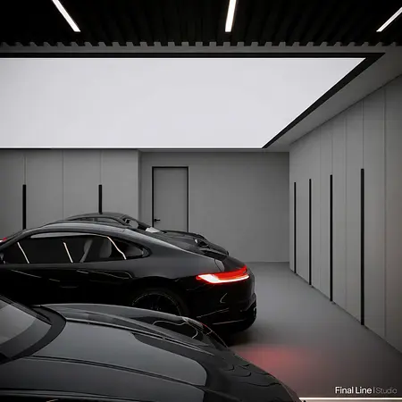 Nowoczesny garaż z czarnymi samochodami i jasnym sufitem, styl quiet luxury.