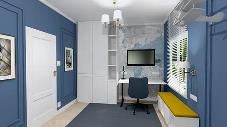 Wnętrze gabinetu z niebieskimi ścianami, białymi meblami i nowoczesnym biurkiem