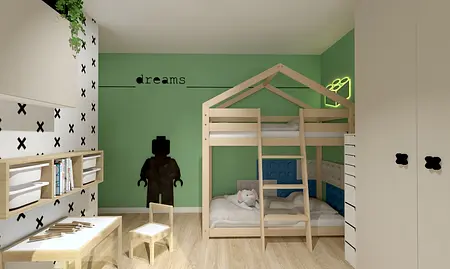 Pokój dziecięcy z piętrowym łóżkiem, zieloną ścianą i drewnianymi meblami, styl współczesny.