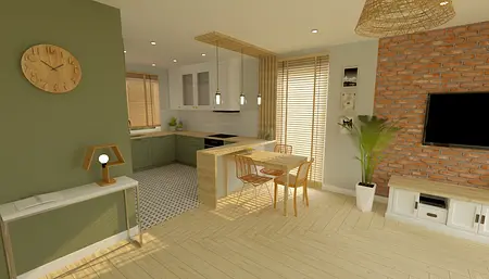 Wnętrze kuchni z zielonymi meblami, drewnianym blatem i nowoczesnymi akcesoriami.