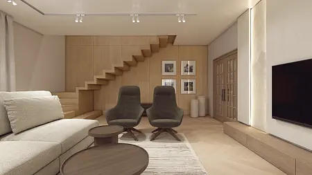 Wnętrze salonu z drewnianymi schodami, beżową sofą i zielonymi fotelami w stylu minimaluxe.