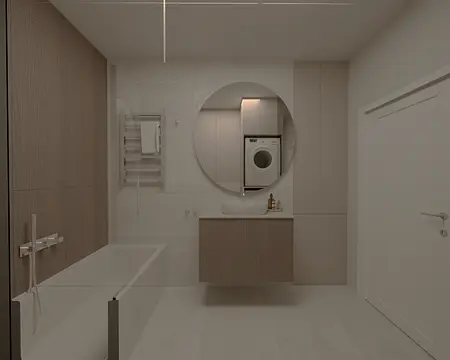 Wnętrze nowoczesnej łazienki w stylu soft minimalizm z drewnianymi akcentami.