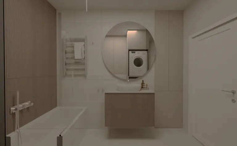 Wnętrze nowoczesnej łazienki w stylu soft minimalizm z drewnianymi akcentami.