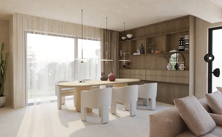 Nowoczesna jadalnia z dużym drewnianym stołem, jasnymi krzesłami, półkami na ścianie ozdobionymi ceramiką i minimalistycznymi dekoracjami, jasne wnętrze z dużym oknem i rośliną doniczkową
