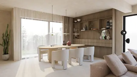 Nowoczesna jadalnia z dużym drewnianym stołem, jasnymi krzesłami, półkami na ścianie ozdobionymi ceramiką i minimalistycznymi dekoracjami, jasne wnętrze z dużym oknem i rośliną doniczkową