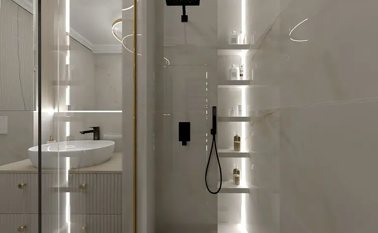 Nowoczesna łazienka w stylu art deco i glamour z białą umywalką.