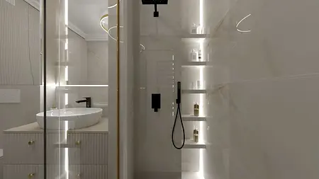Nowoczesna łazienka w stylu art deco i glamour z białą umywalką.