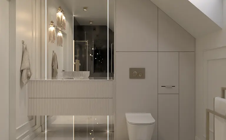 Nowoczesna łazienka z białą umywalką i szarymi detalami, styl glamour.