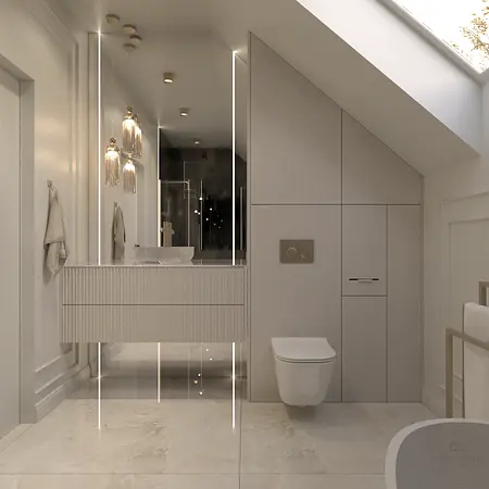 Nowoczesna łazienka z białą umywalką i szarymi detalami, styl glamour.