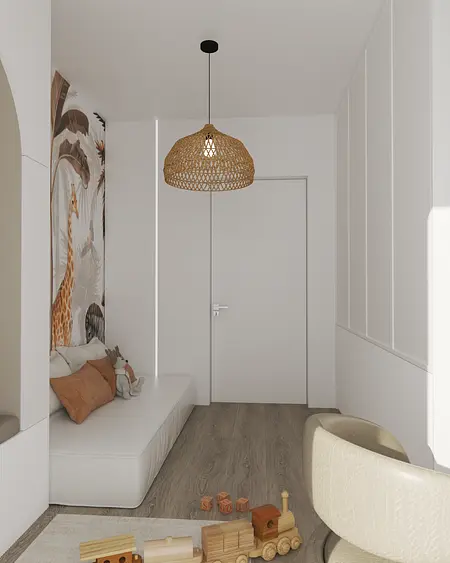 Wnętrze nowoczesnego pokoju dla dzieci z jasną sofą, drewnianymi zabawkami i lampą.