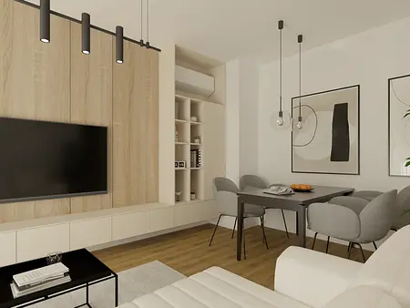 Nowoczesny salon w stylu boho i japandi z szarymi meblami.