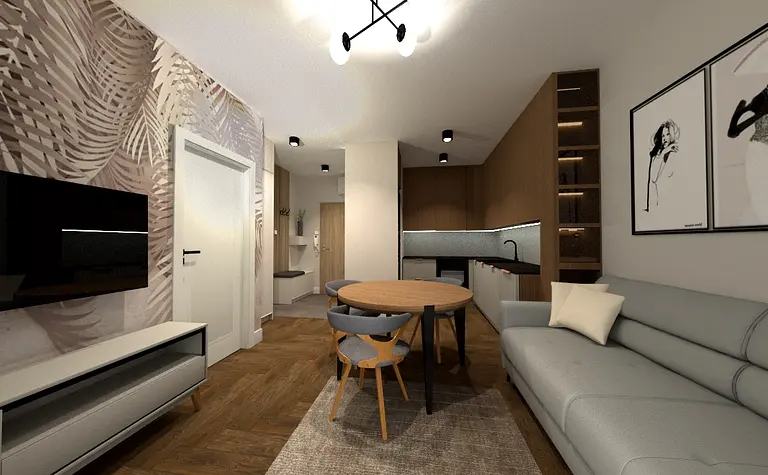 Współczesne wnętrze salonu z szarym narożnikiem i drewnianym stołem.