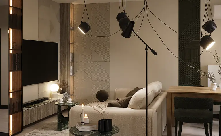 Wnętrze salonu eklektycznego z glamour i minimalistycznymi akcentami.
