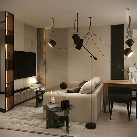 Wnętrze salonu eklektycznego z glamour i minimalistycznymi akcentami.