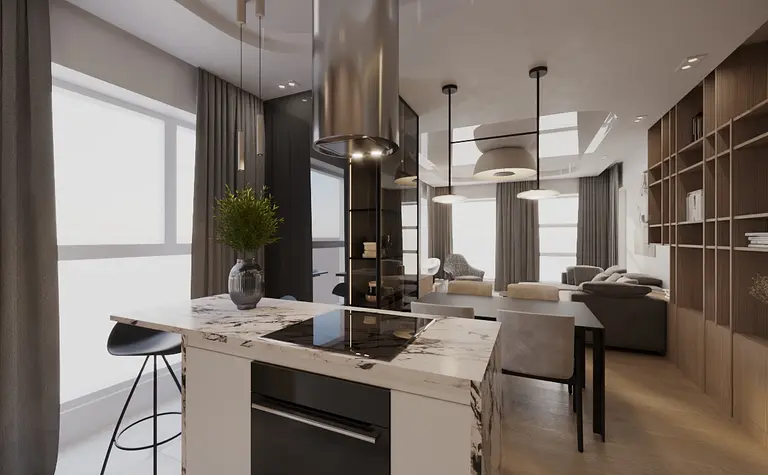 Nowoczesna kuchnia z marmurowym blatem i drewnianymi akcentami w stylach glamour i minimaluxe.