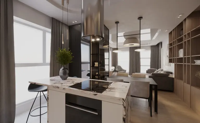 Nowoczesna kuchnia z marmurowym blatem i drewnianymi akcentami w stylach glamour i minimaluxe.