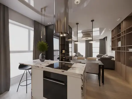 Nowoczesna kuchnia z marmurowym blatem i drewnianymi akcentami w stylach glamour i minimaluxe.