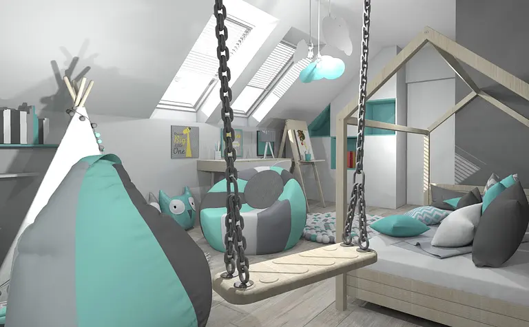 Wnętrze pokoju dziecięcego z elementami dopamine decor, japandi i nowoczesnym stylem.