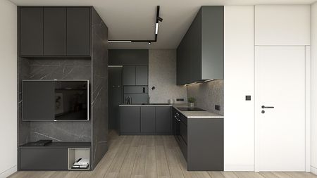 Minimalistyczna kuchnia w stylu soft minimalizm z ciemnymi meblami.