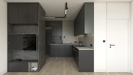Minimalistyczna kuchnia w stylu soft minimalizm z ciemnymi meblami.